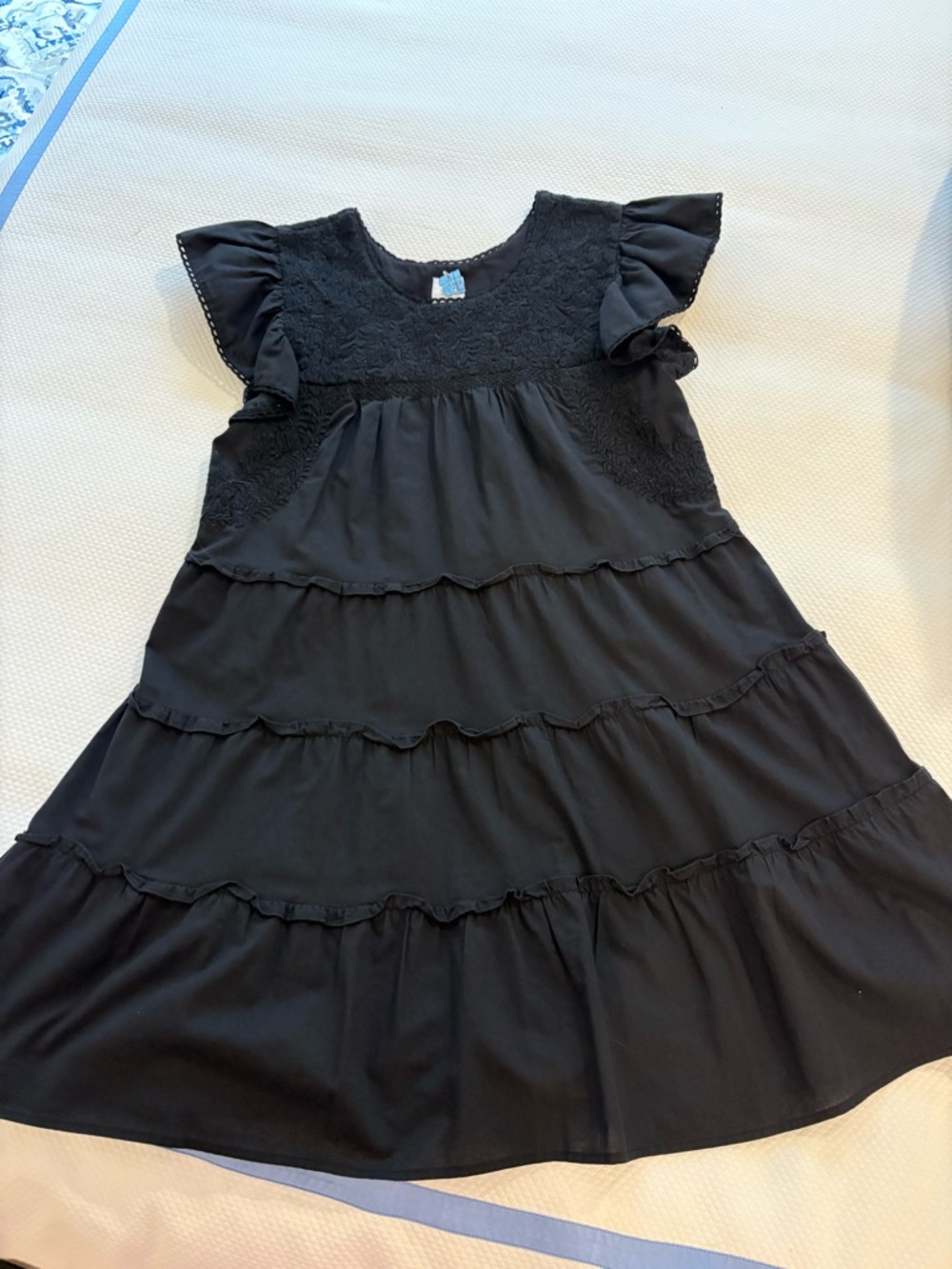 Black Tiered Mini Dress with Detailed Yoke